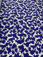 Baroque navy blue fabric with white intricate baroque pattern and 150cm width