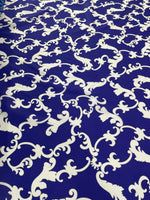 Baroque navy blue fabric with elegant white baroque pattern for upholstery and drapery projects