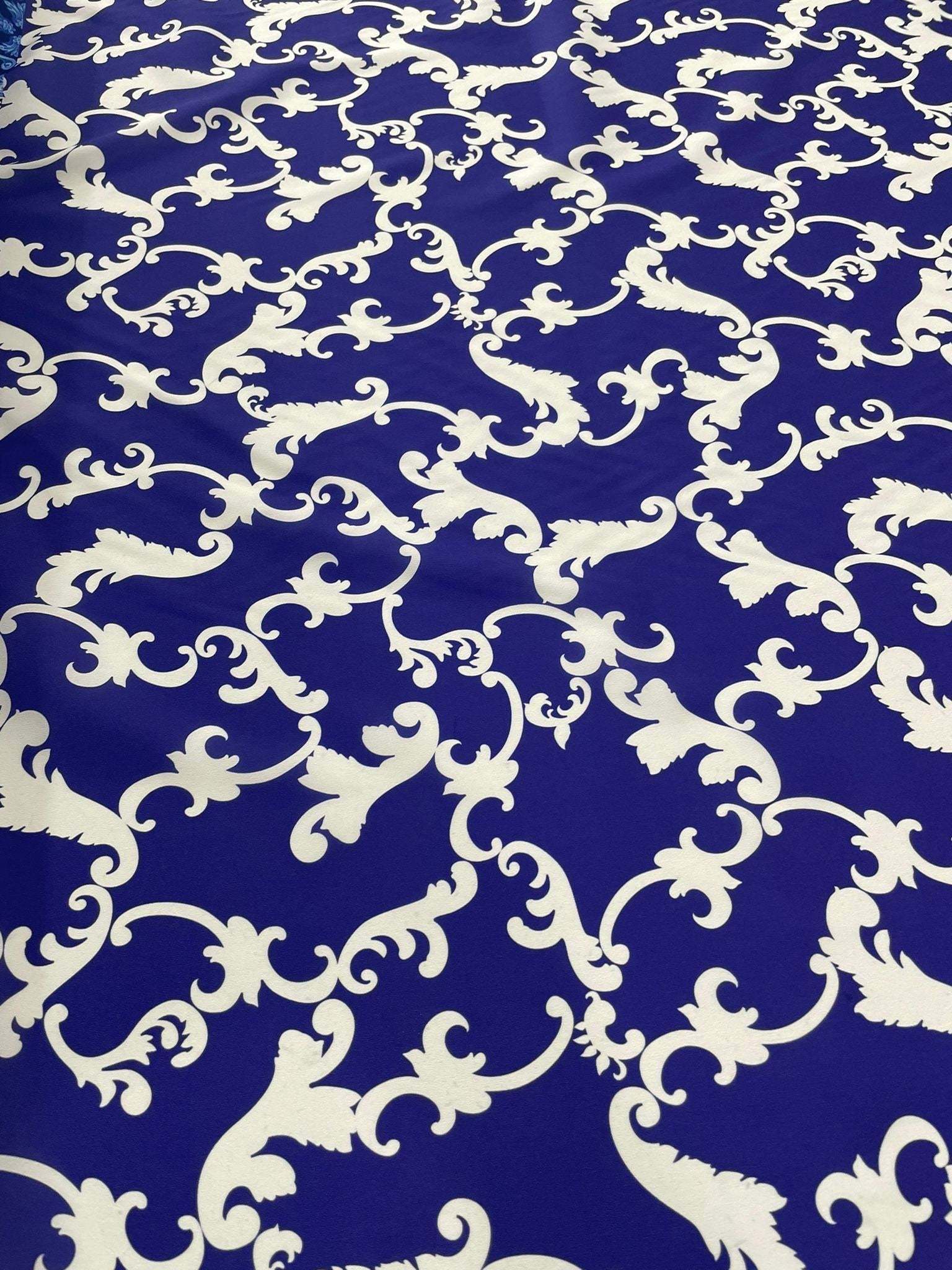 Baroque navy blue fabric with elegant white baroque pattern for upholstery and drapery projects