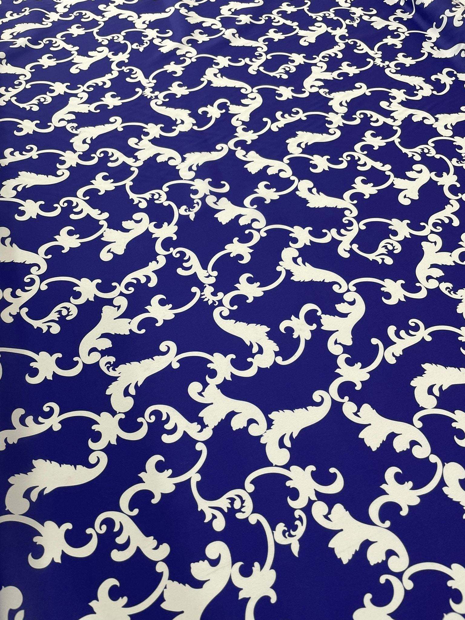 Baroque navy blue fabric with elegant white baroque pattern for upholstery and drapery projects