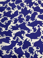 Baroque navy blue fabric with elegant white baroque pattern, 150cm wide, soft and durable upholstery material