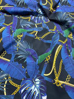 Navy blue fabric with leaf chain pattern and gold chain design by the yard