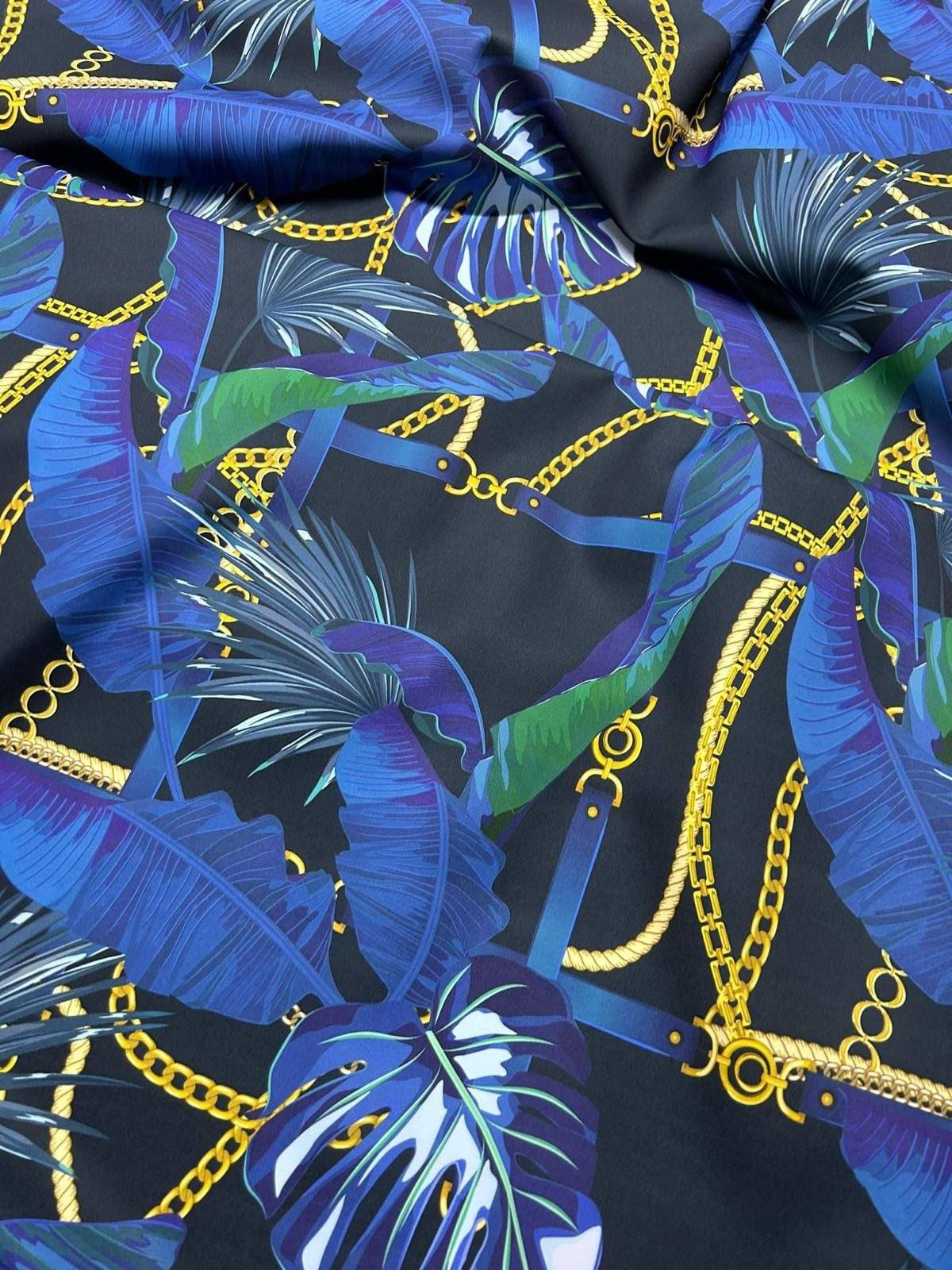 Navy blue fabric with leaf chain pattern and gold chain design by the yard