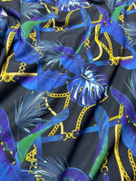 Navy blue fabric with leaf chain pattern and gold chain accents