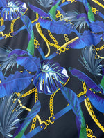 Navy blue fabric with leaf chain pattern and gold chain design by the yard
