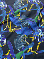 Navy blue fabric with leaf chain pattern and gold chains design, fabric by the yard