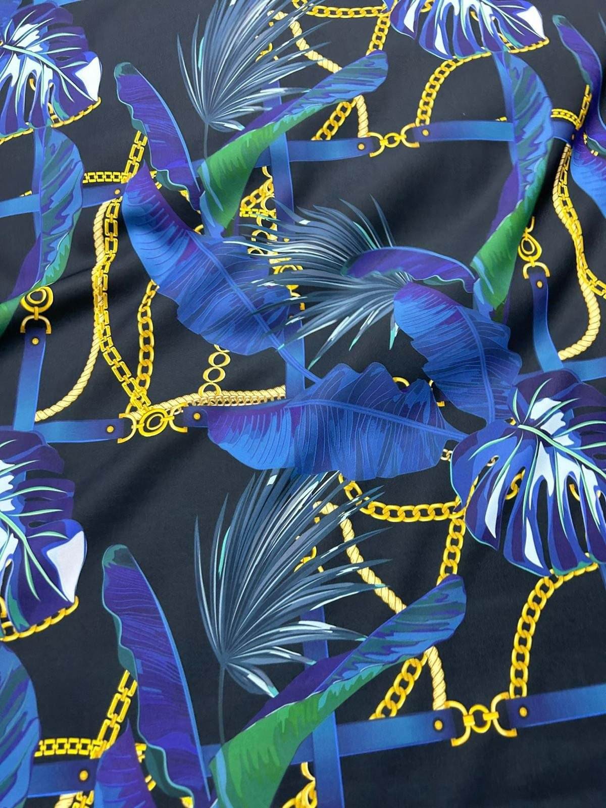 Navy blue fabric with leaf chain pattern and gold chains design, fabric by the yard