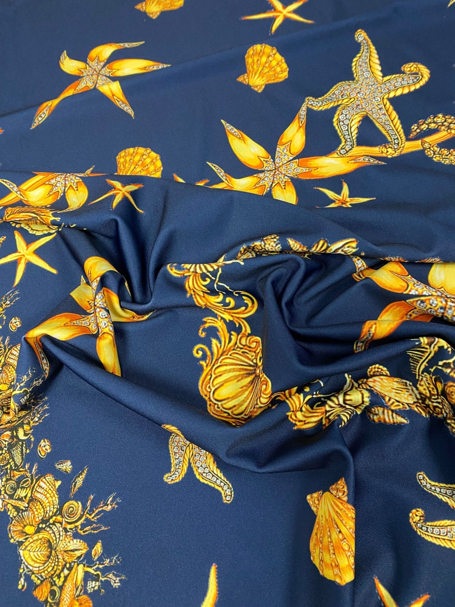 Navy Blue Sea Shell Pattern Luxury Fabric – Custom Printed Fabric, Choose Material by Metre - Whotex Fabrics London