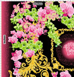 orchid floral swirl print fabric with pink and green flowers and golden decorative swirls on black background