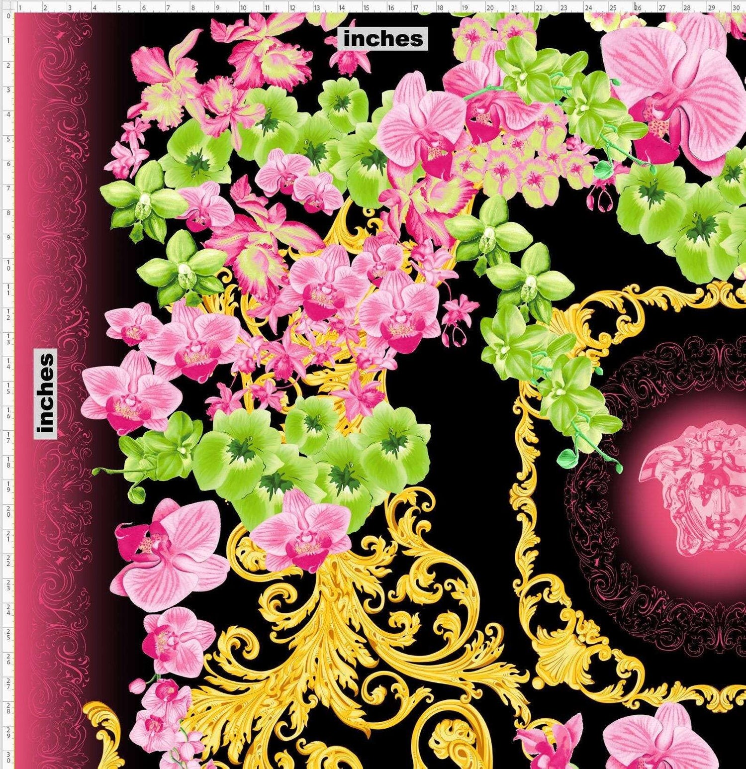 orchid floral swirl print fabric with pink and green flowers and golden decorative swirls on black background