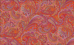 Bright orange paisley pattern fabric with intricate pink, purple, and yellow floral and swirl designs, ideal for sewing projects and quilting.