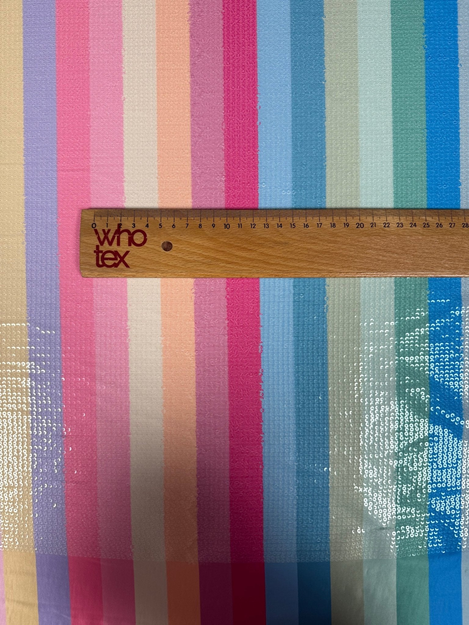 Pastel Rainbow Sequin Striped Fabric by the Metre - Whotex Fabrics London