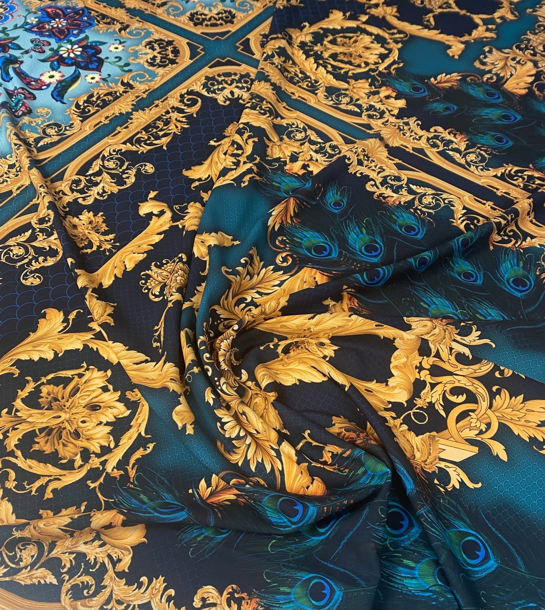 Peacock & Floral Crepe Fabric by the Metre – Baroque Style - Whotex Online Fabric Store