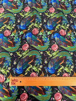 Colorful Peacock Rose Fabric with vibrant peacock and rose patterns on black cotton material