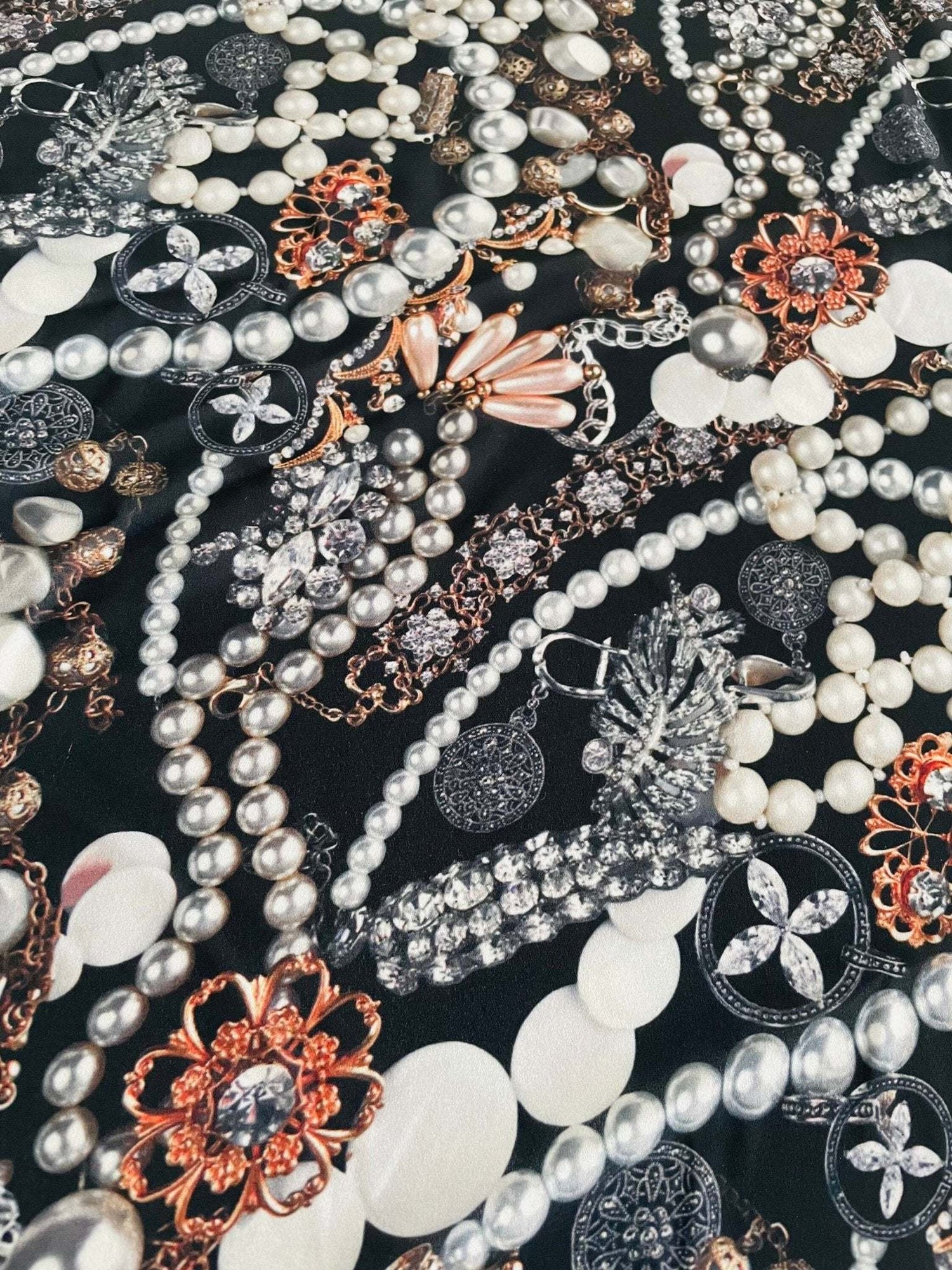 Black jewelry fabric with pearl and gemstone pattern for elegant accessories