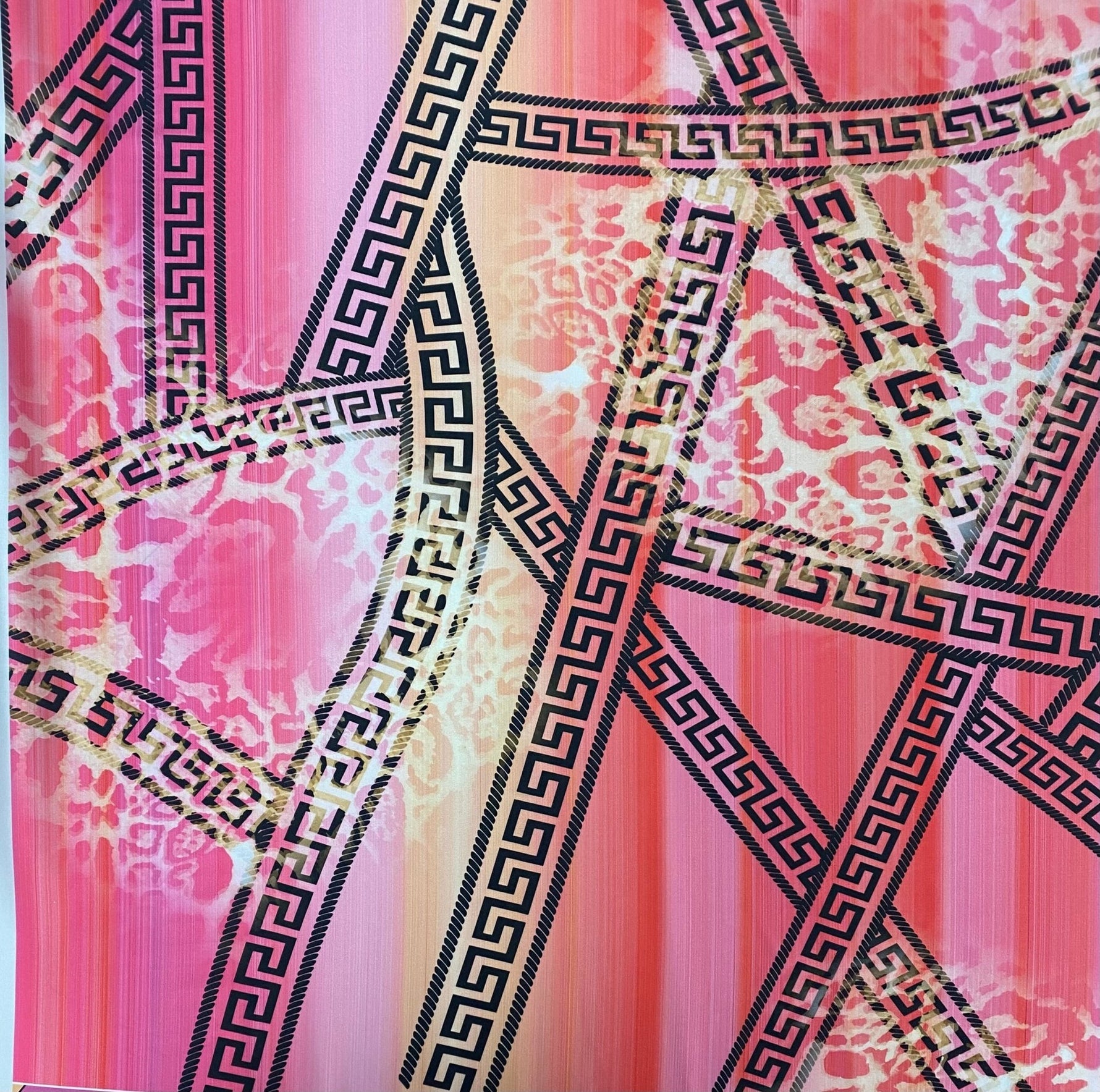 Pink Abstract Greek Key Fabric – Leopard & Stripe Design by the Metre - Whotex Fabrics London