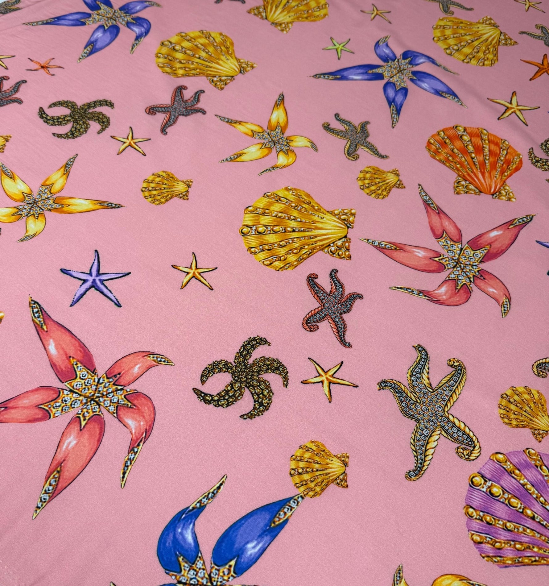 Pink Starfish & Shells Organic Cotton Poplin Fabric by the Metre - Whotex Fabrics London