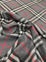 Gray base plaid woolen fabric with red and white stripes, 65% cotton 35% polyester, suitable for jackets and coats