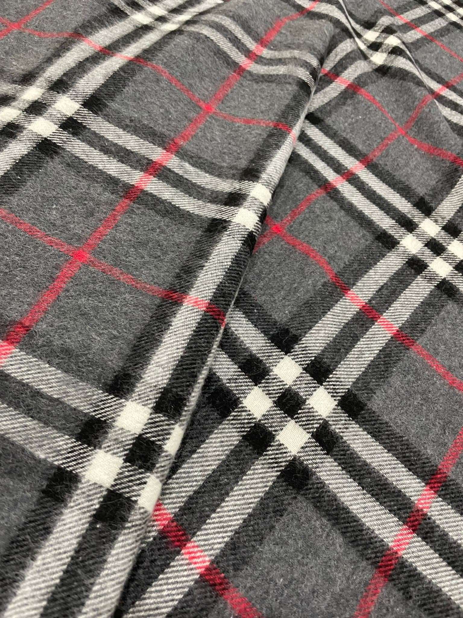 Gray base plaid woolen fabric with red and white checks, 65% cotton and 35% polyester, suitable for jackets and coats