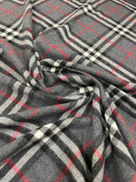 Gray base plaid woolen fabric with red and white lines, suitable for jackets and coats