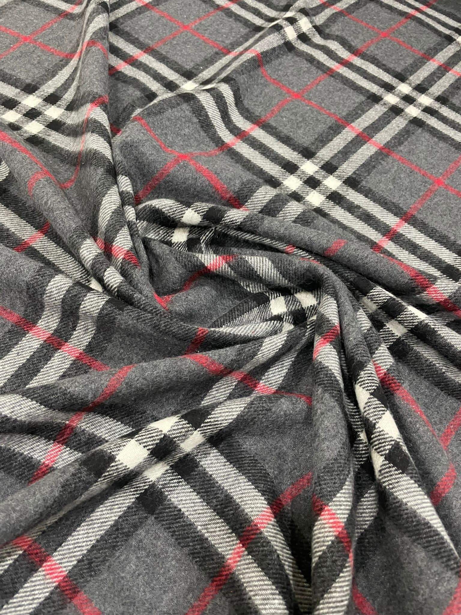 Gray base plaid woolen fabric with red and white lines, suitable for jackets and coats