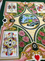 Playing Cards Silky crepe fabric with vibrant card designs, roses, and vintage car print on green and pink background