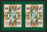Silky crepe fabric with vibrant playing cards design in green and gold tones for crafts and sewing projects