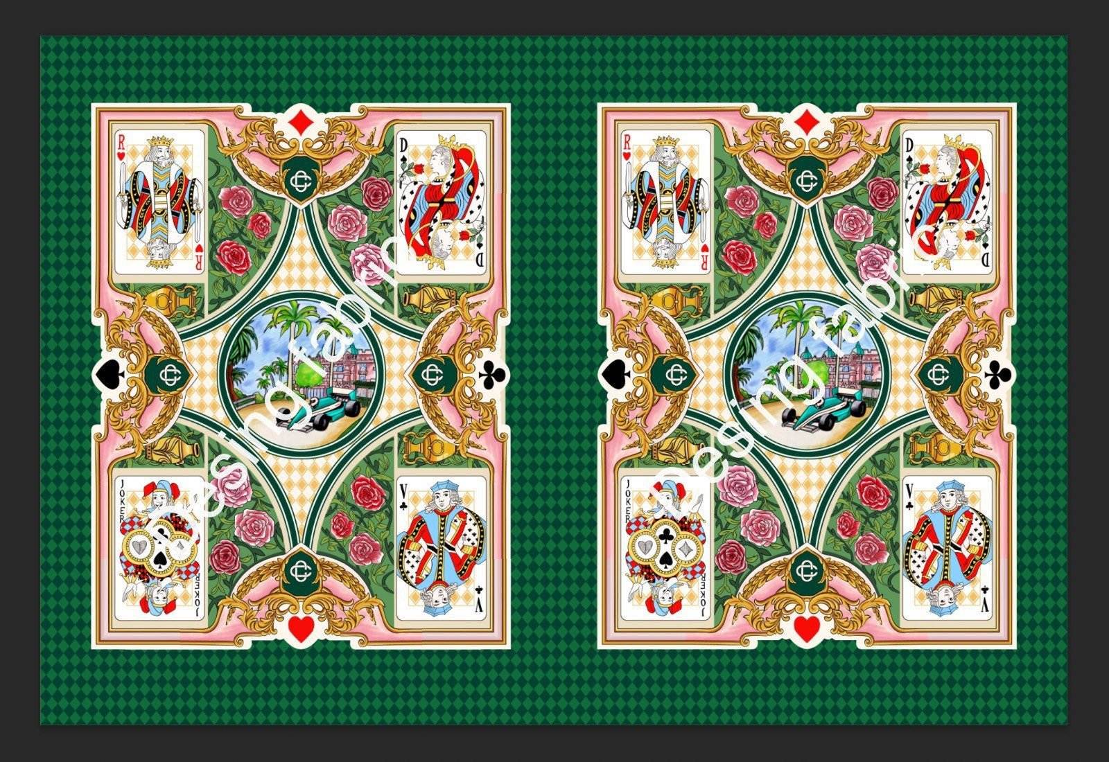 Silky crepe fabric with vibrant playing cards design in green and gold tones for crafts and sewing projects
