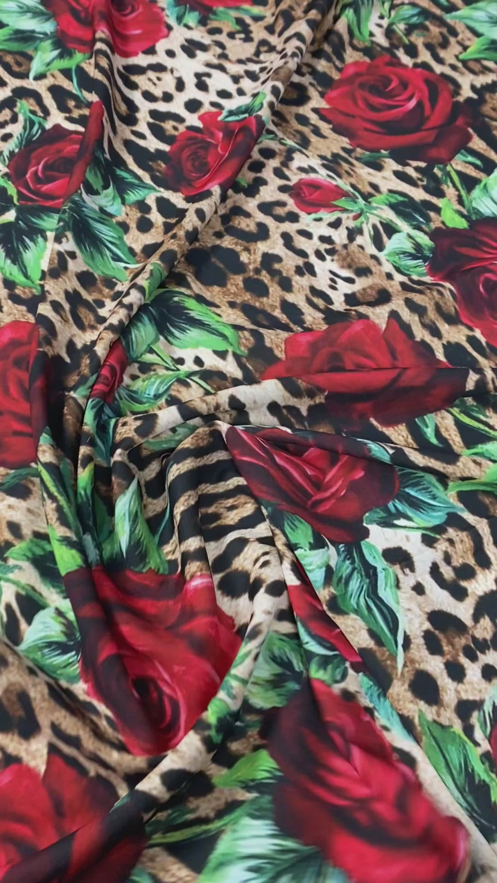 Leopard & Red Rose Crepe Fabric by the Metre – Bold Print featuring elegant roses and striking leopard print.