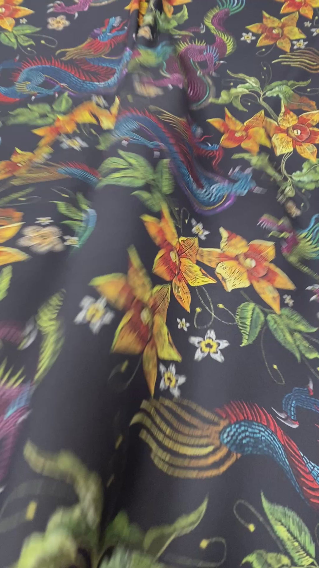 Dragon & Floral Crepe Fabric by the Metre – Black Multicolour featuring vibrant floral and dragon motifs.