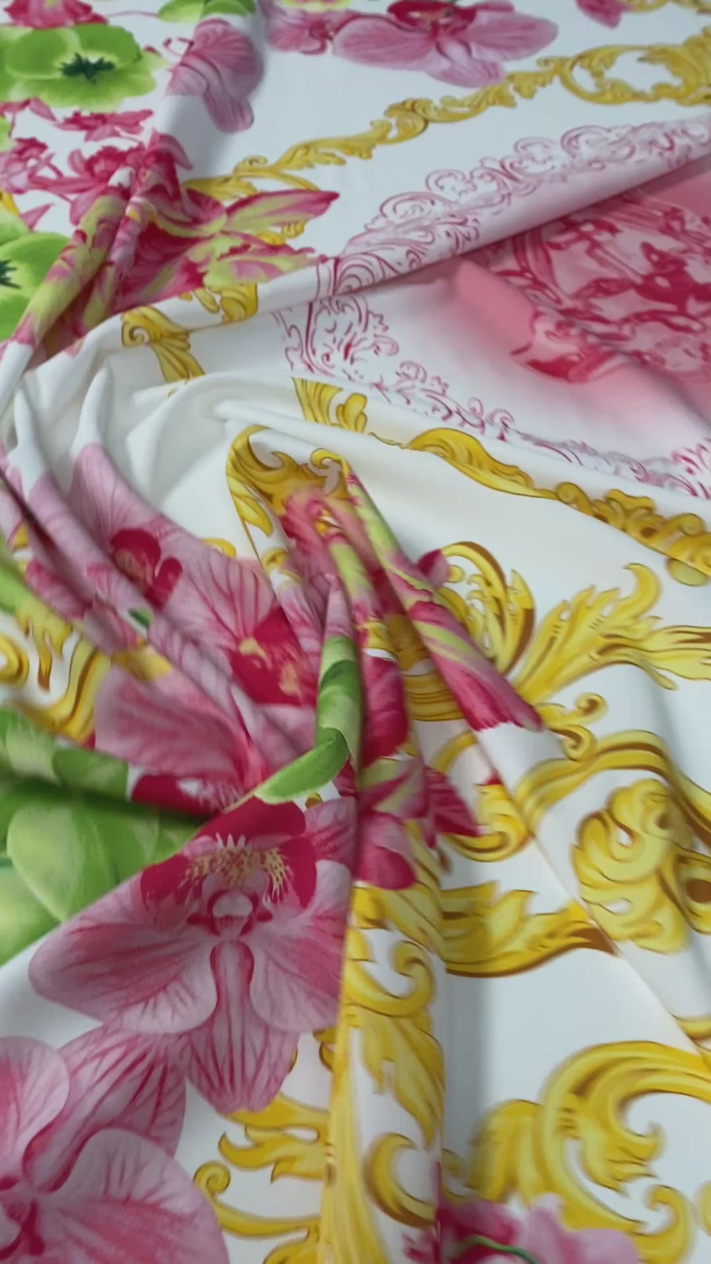 Floral & Baroque Crepe Fabric by the Metre – Pink Green Gold, featuring vibrant floral patterns and baroque design.