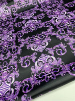 Purple Baroque fabric with intricate purple baroque pattern on a black background, ideal for upholstery and drapery.