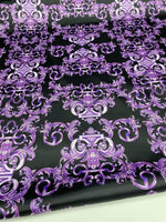 Luxurious purple baroque fabric with intricate elegant pattern on black background, 150cm wide textile ideal for upholstery and drapery projects