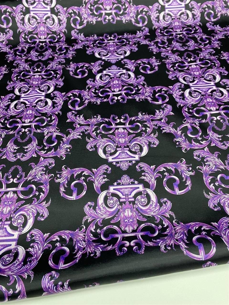 Luxurious purple baroque fabric with intricate elegant pattern on black background, 150cm wide textile ideal for upholstery and drapery projects