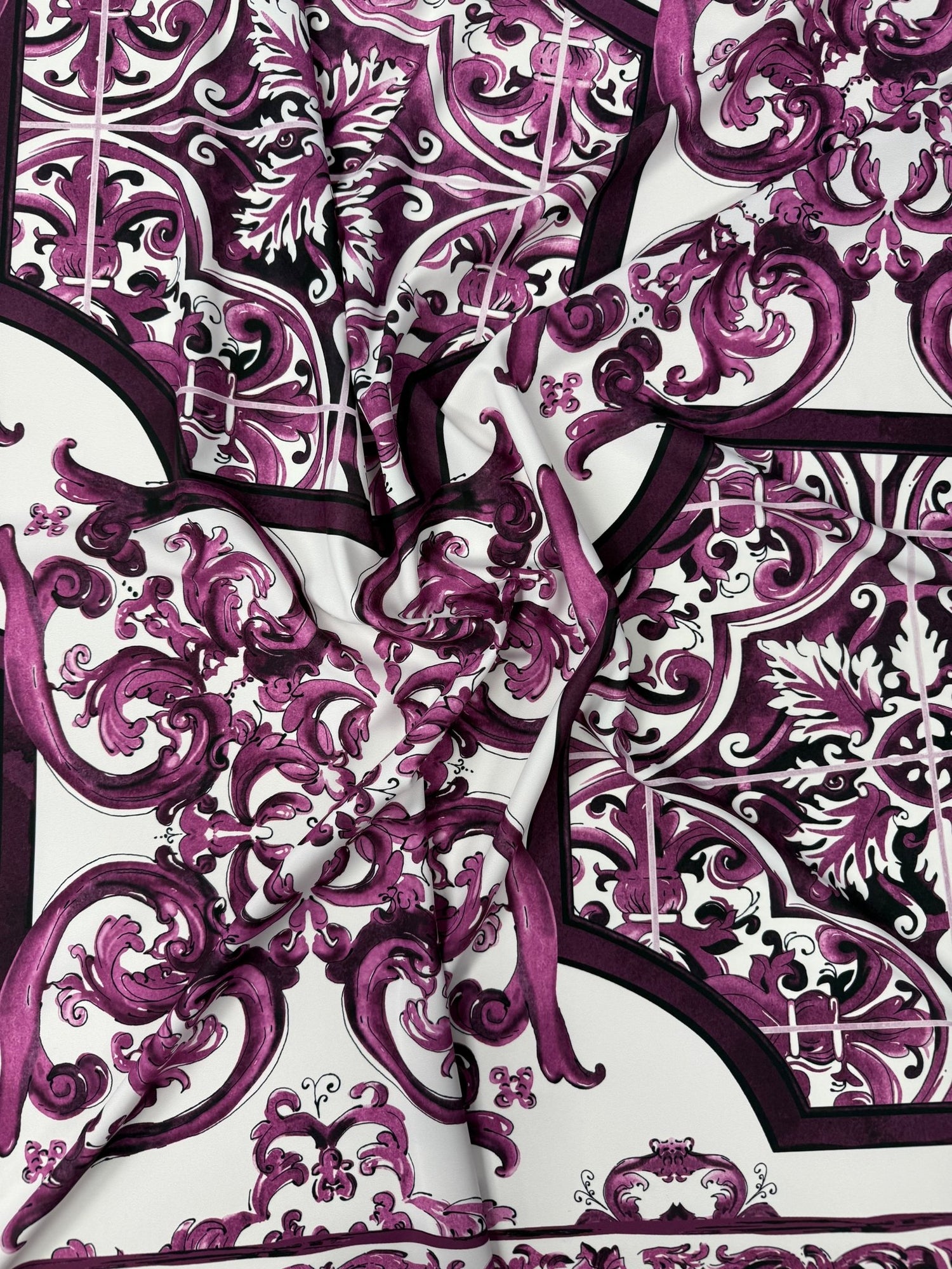 Purple Baroque Print Crepe Fabric by the Metre - Whotex Fabrics London