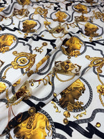Queen and Rome Pattern crepe fabric with gold classical motifs on white background, 150cm wide textile for elegant sewing projects