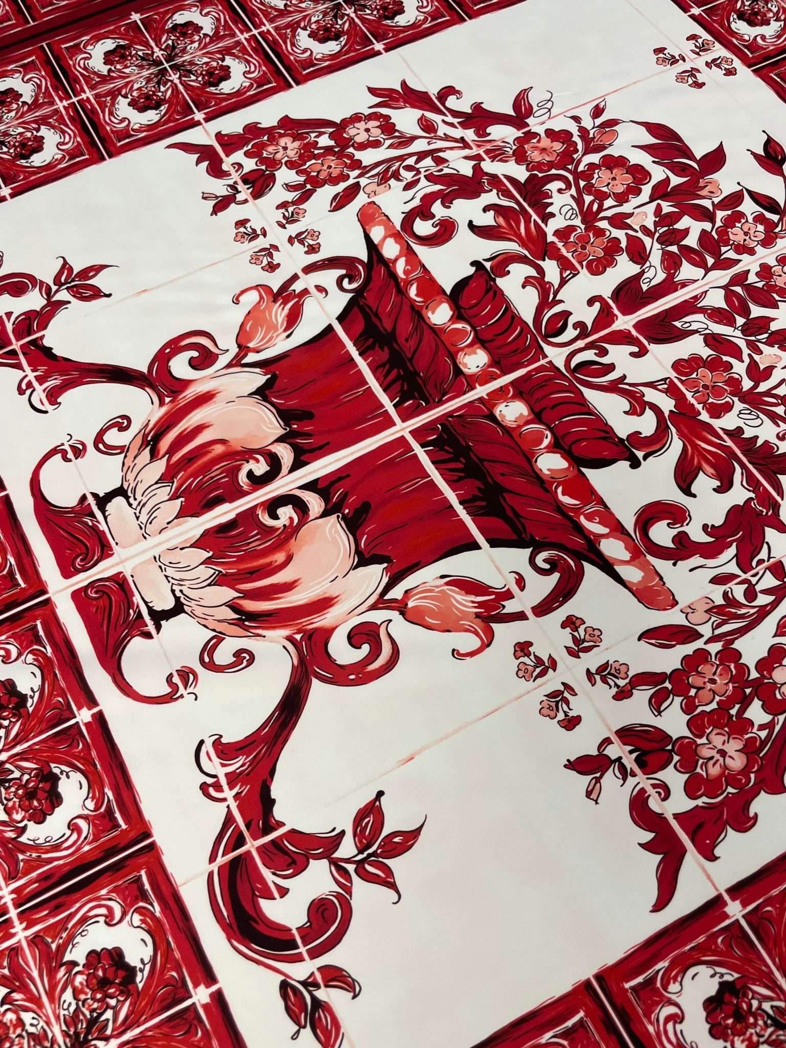 Red Baroque Floral Vase Crepe Fabric by the Metre – Mediterranean Style - Whotex Online Fabric Store