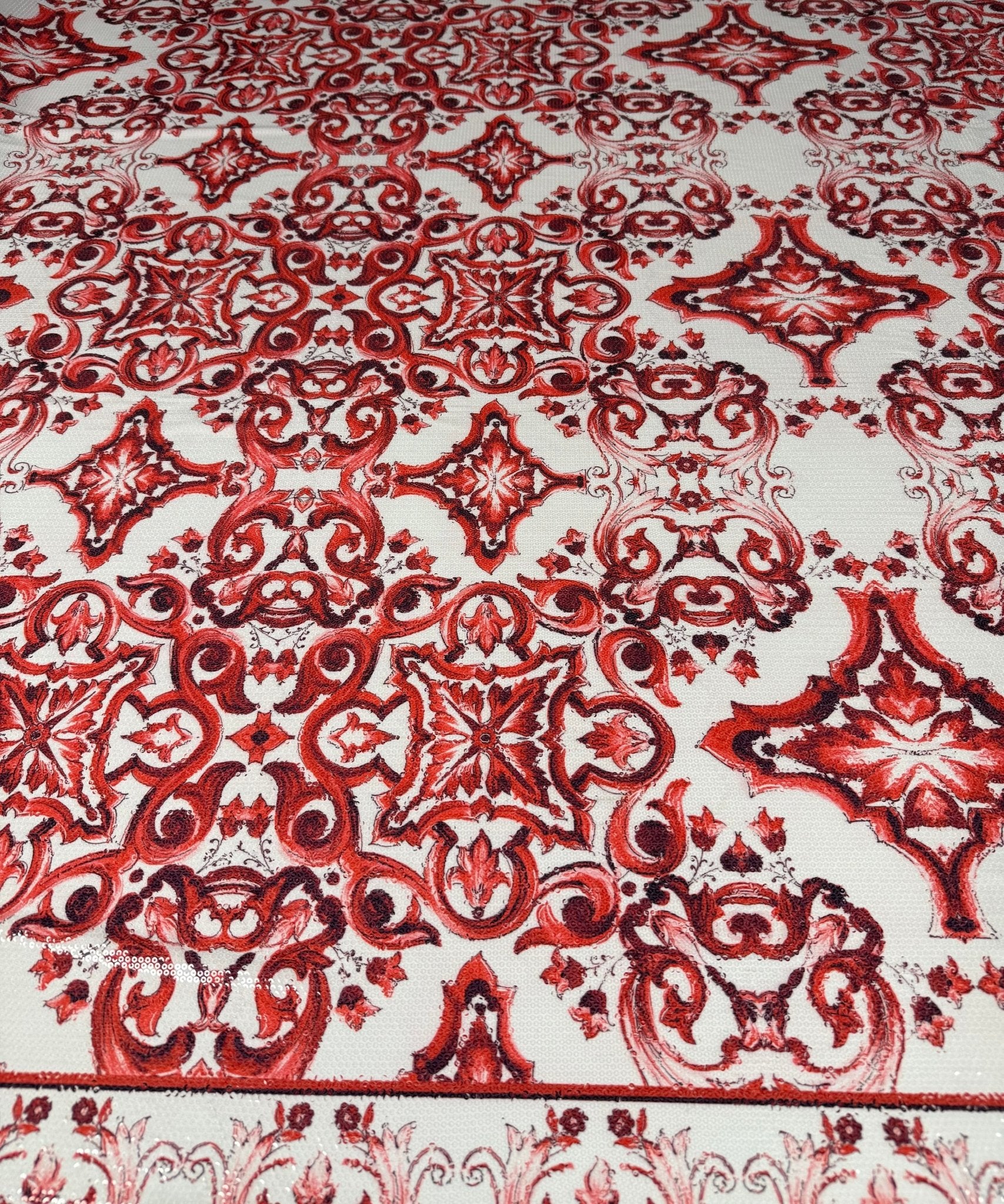 Red Baroque Sequin Fabric for Occasion Wear - Whotex Fabrics London