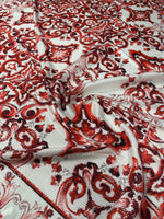 Red Baroque Sequin Fabric for Occasion Wear - Whotex Fabrics London