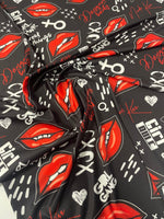 Red Lips Print Fabric by the Metre – Black Base - Whotex Fabrics London