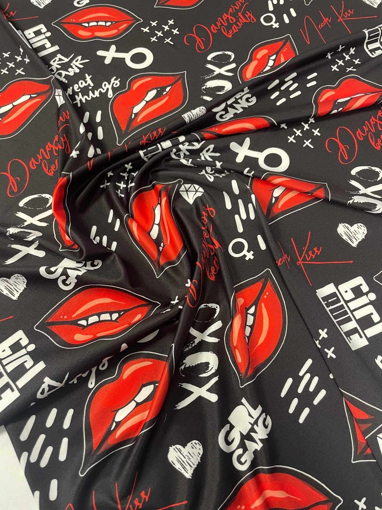 Red Lips Print Fabric by the Metre – Black Base - Whotex Fabrics London