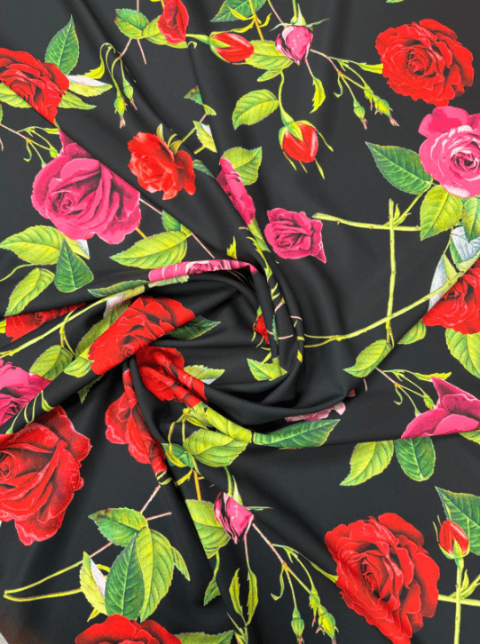Red & Pink Rose Crepe Fabric by the Metre - Whotex Fabrics London