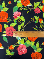 Red & Pink Roses on Black Organic Cotton Poplin Fabric by the Metre - Whotex Fabrics London