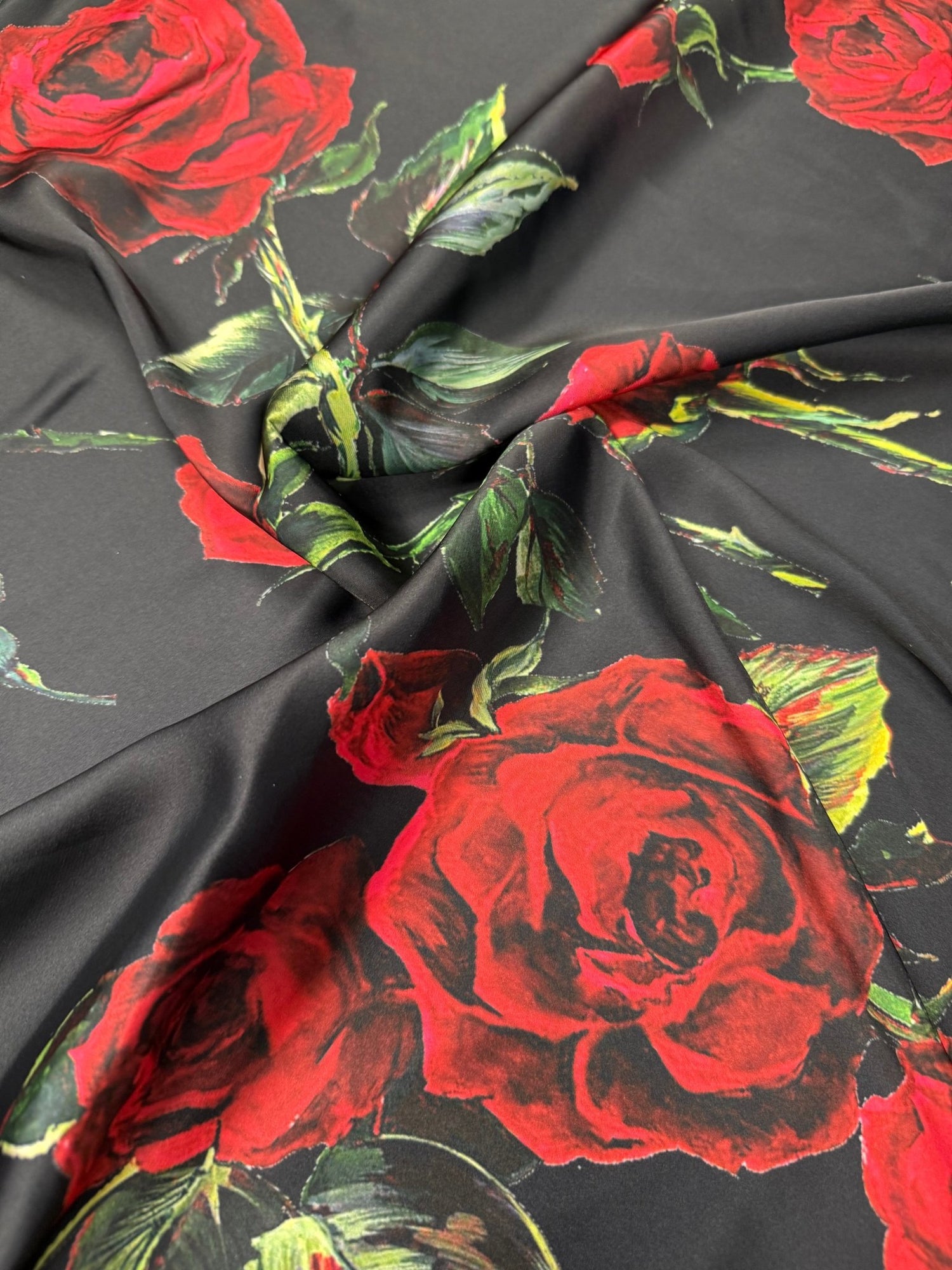 Red Rose Floral Chiffon Satin Fabric by the Metre - Whotex Fabrics London