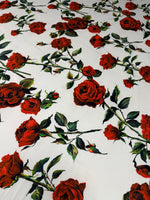 Red Rose Floral on White Organic Cotton Poplin Fabric by the Metre - Whotex Fabrics London
