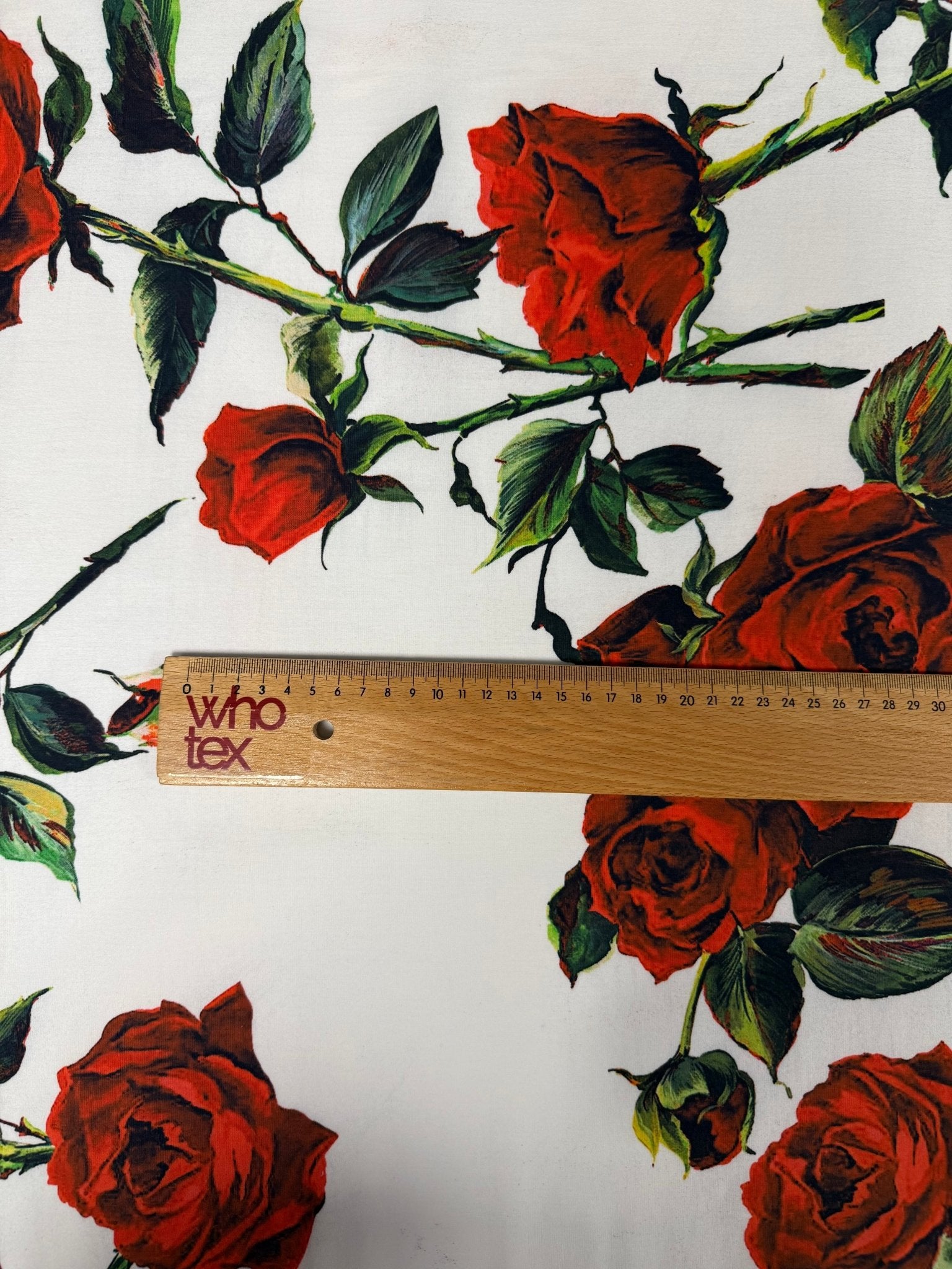 Red Rose Floral on White Organic Cotton Poplin Fabric by the Metre - Whotex Fabrics London