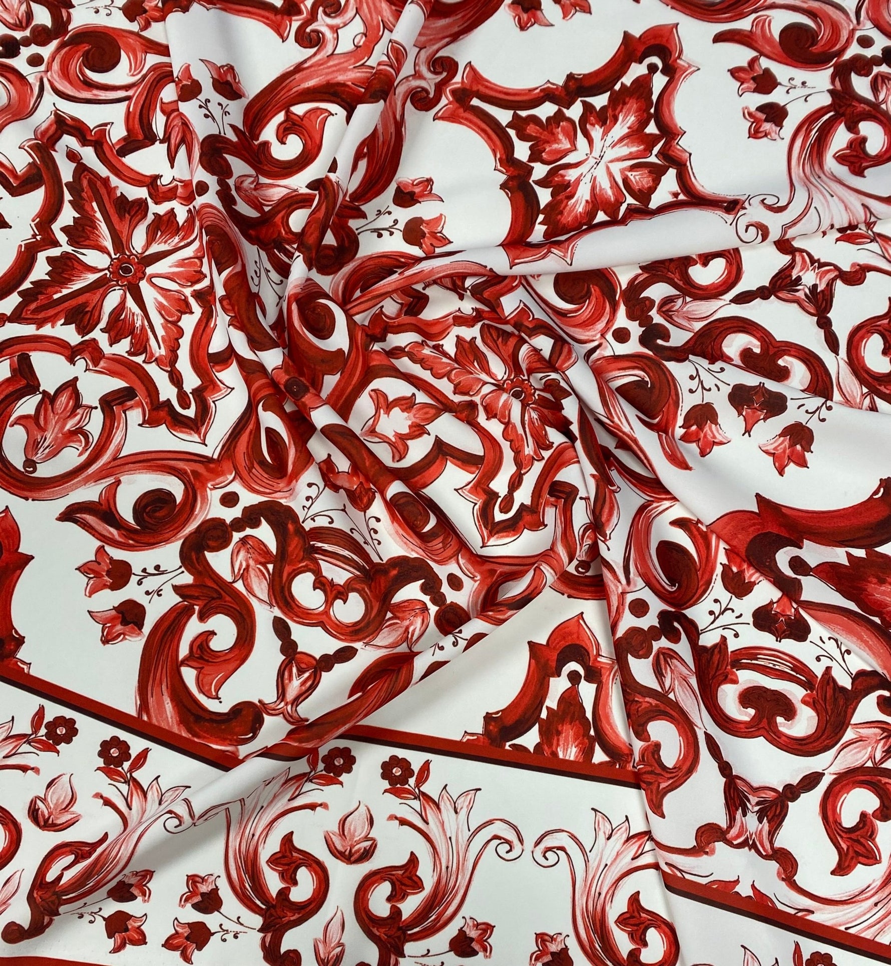 Red Sicilian Majolica Fabric – Custom Printed Fabric on Satin, Crepe, Spandex or Chiffon - Whotex Online Fabric Store
