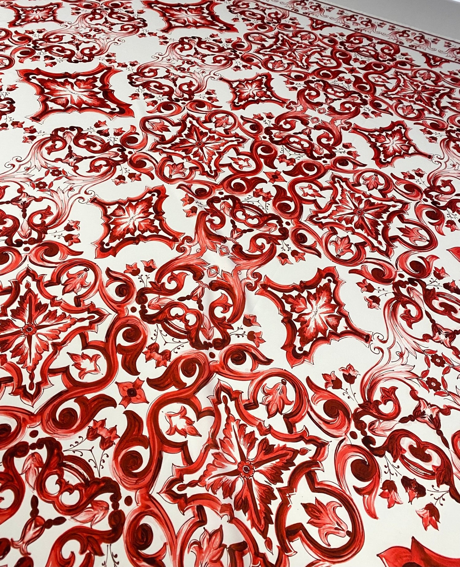 Red Sicilian Majolica Fabric – Custom Printed Fabric on Satin, Crepe, Spandex or Chiffon - Whotex Online Fabric Store