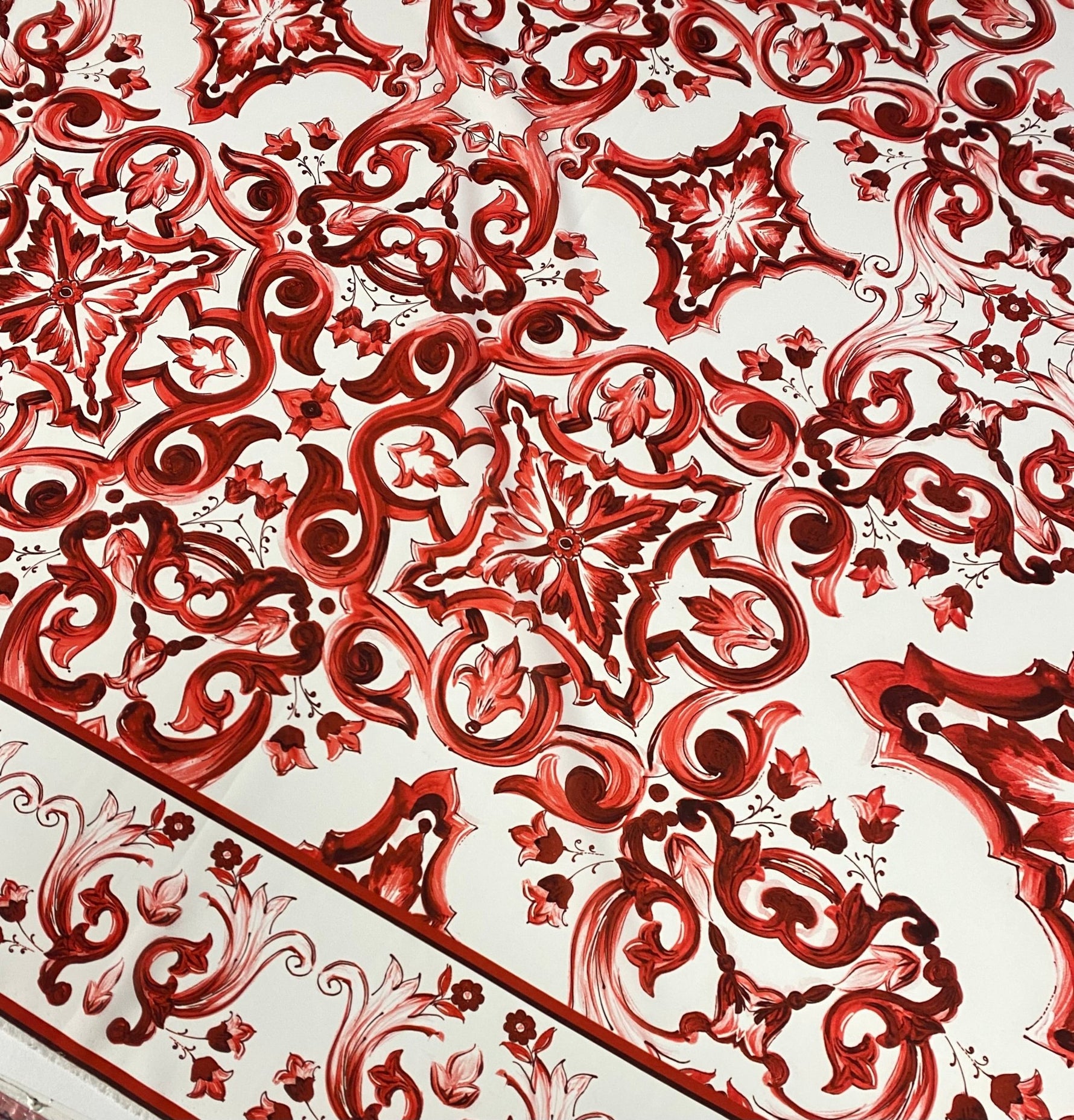 Red Sicilian Majolica Fabric – Custom Printed Fabric on Satin, Crepe, Spandex or Chiffon - Whotex Online Fabric Store