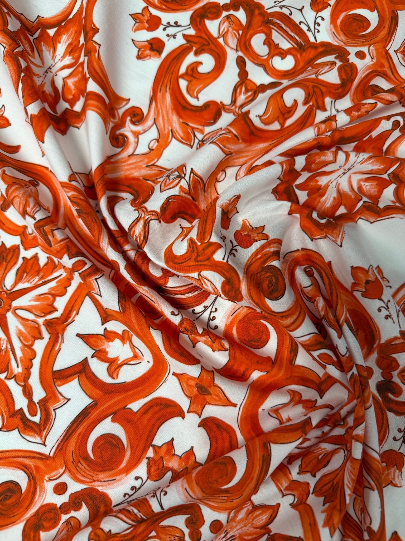 Red Sicilian Majolica Organic Cotton Poplin Fabric by the Metre - Whotex Fabrics London